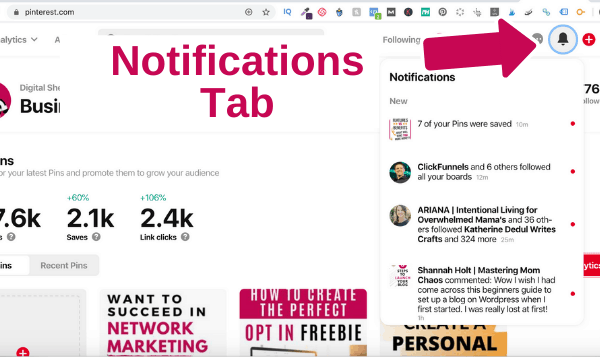 Pinterest notifications tab